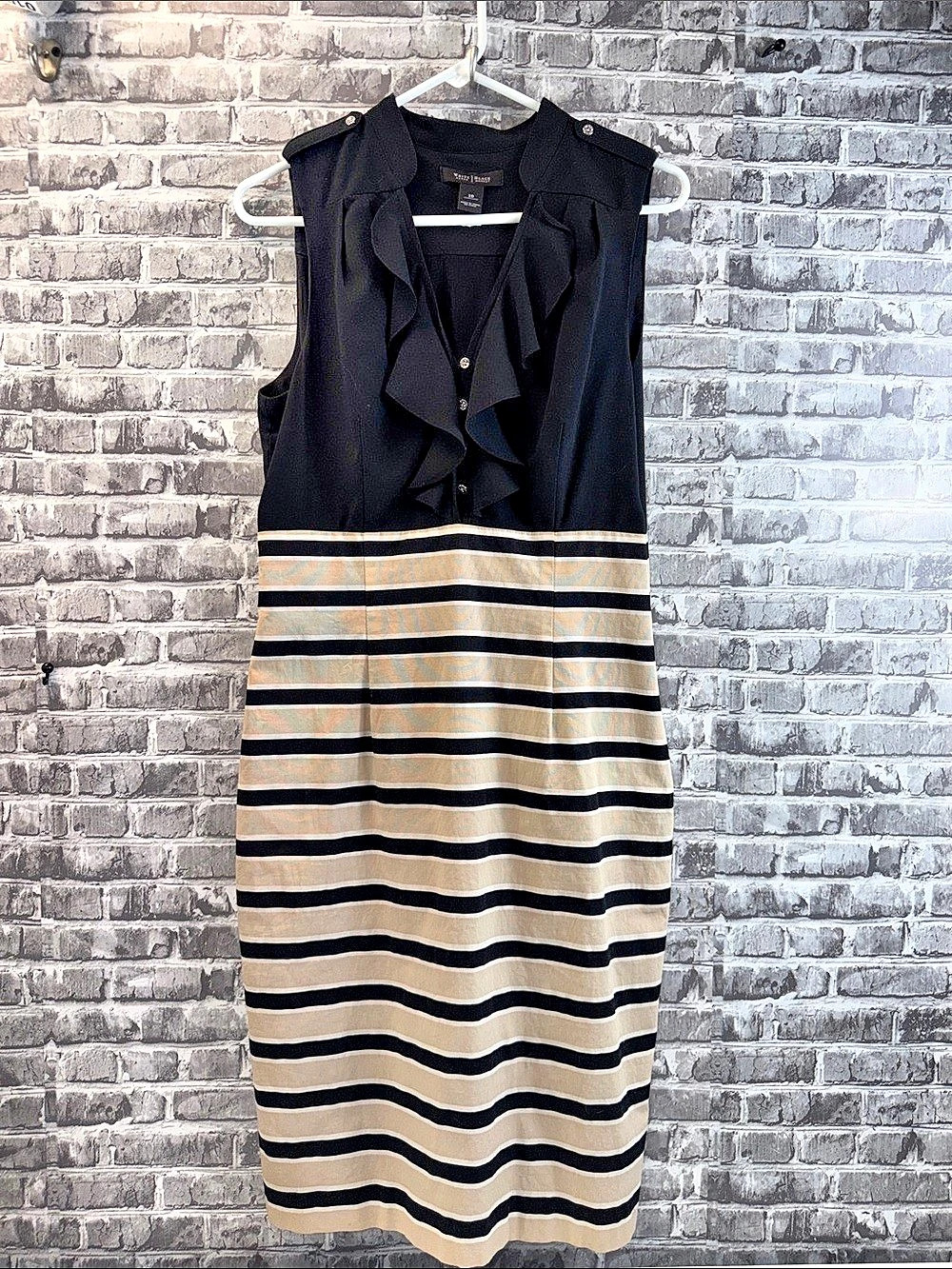 White House Black Market Striped Ruffle Midi Dress in Black & Beige Size 10